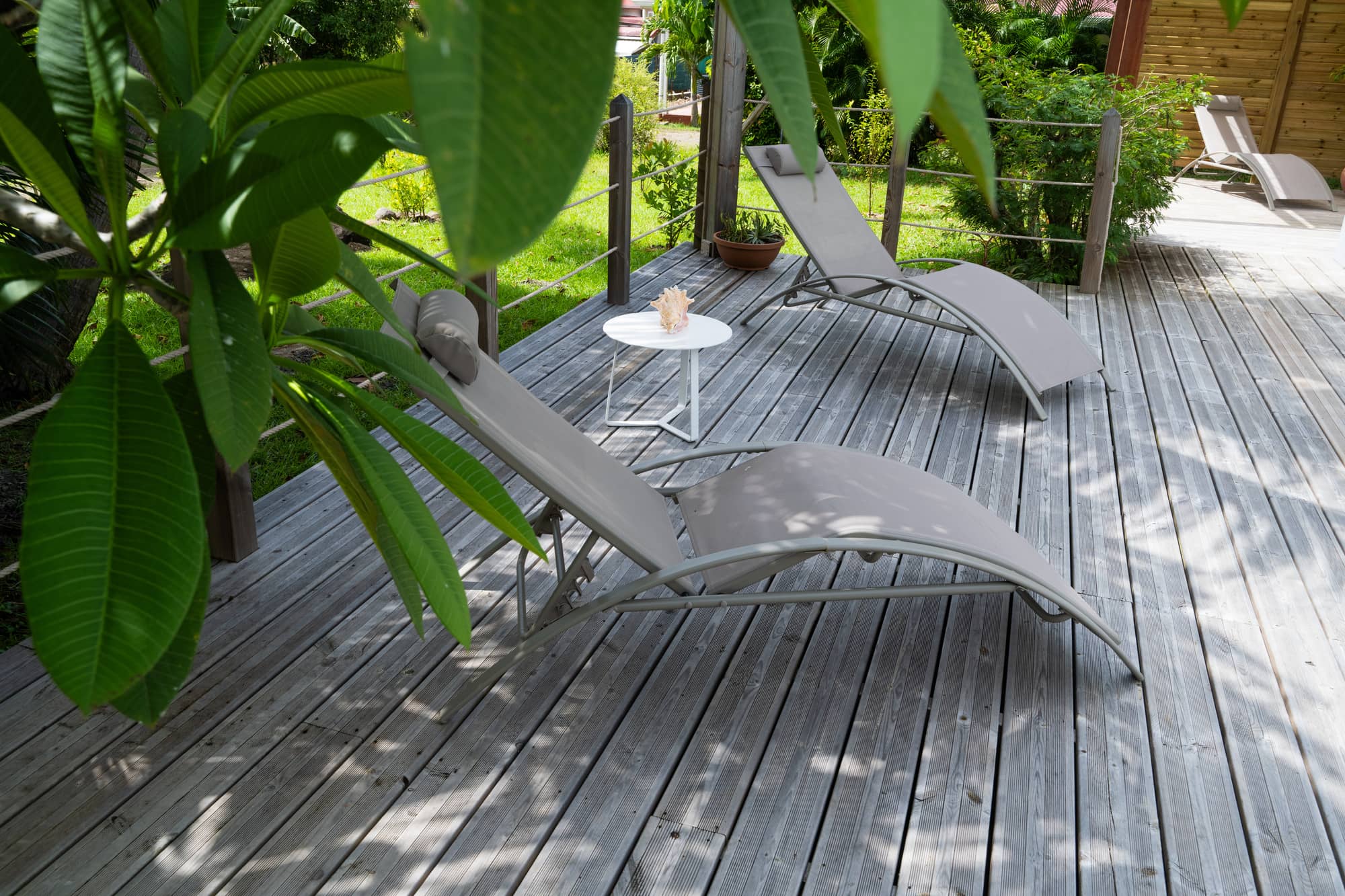 Chaises longues installées au bord de la piscine