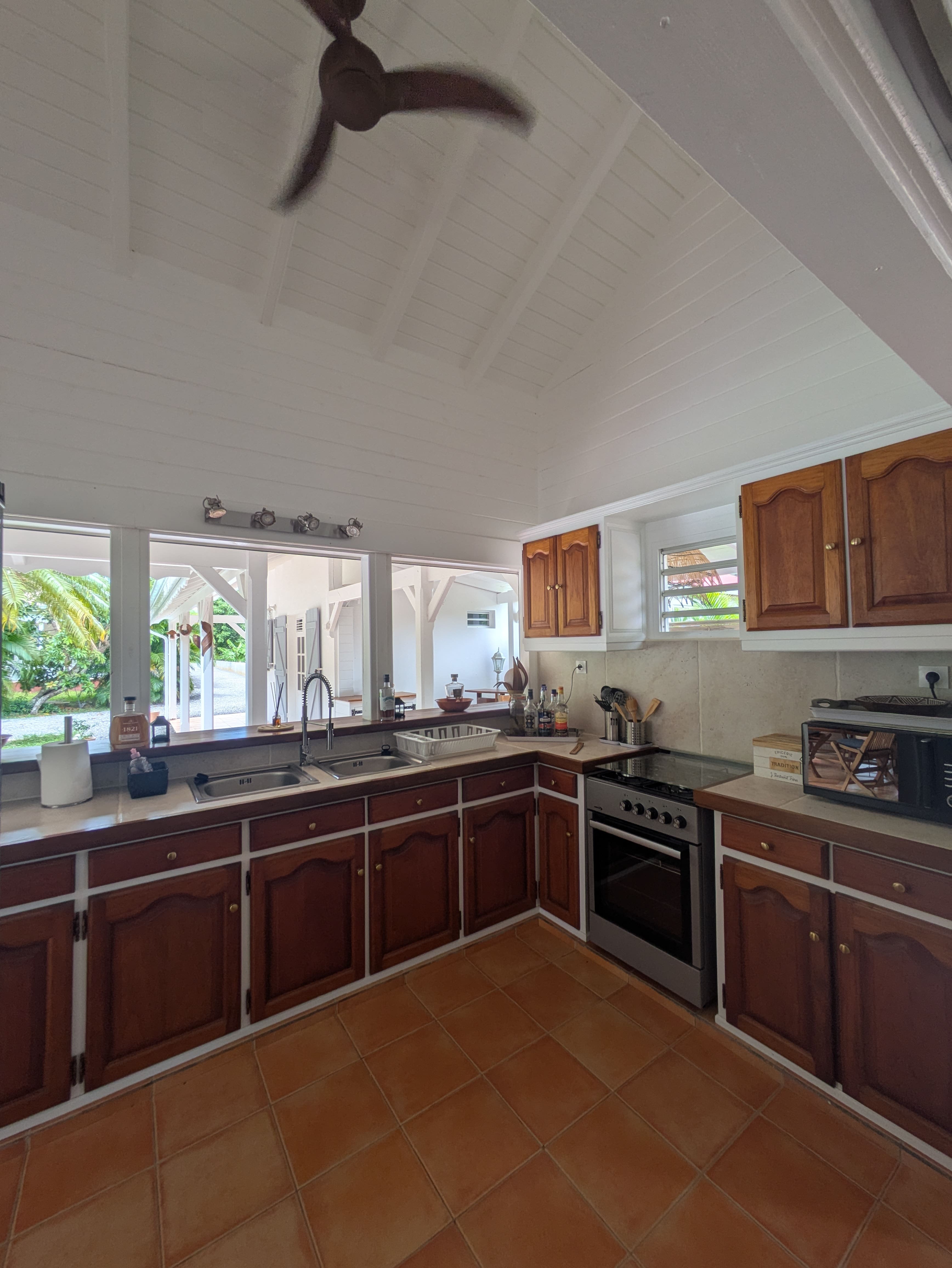 Grande cuisine entièrement équipée et une arrière cuisine munies de brasseurs d'air, de la villa Iguana