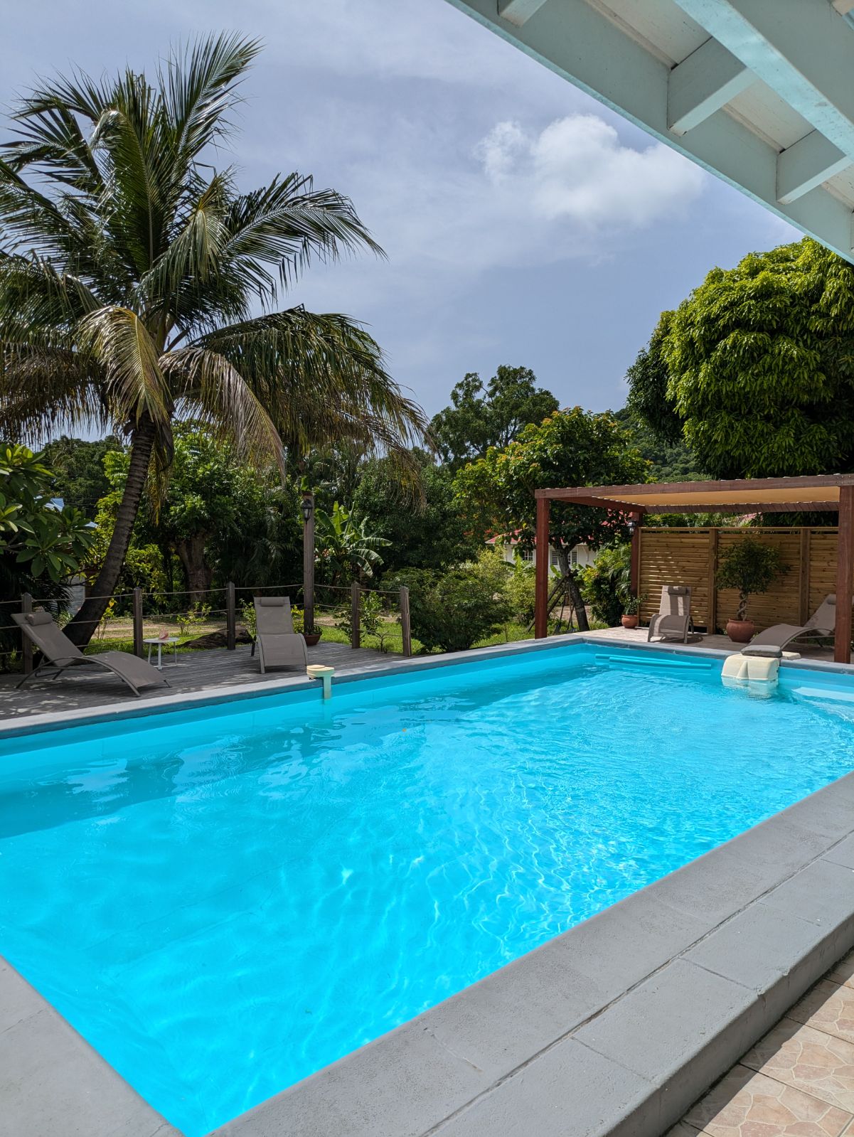 Vue large de la piscine et de la terrasse ensoleillée